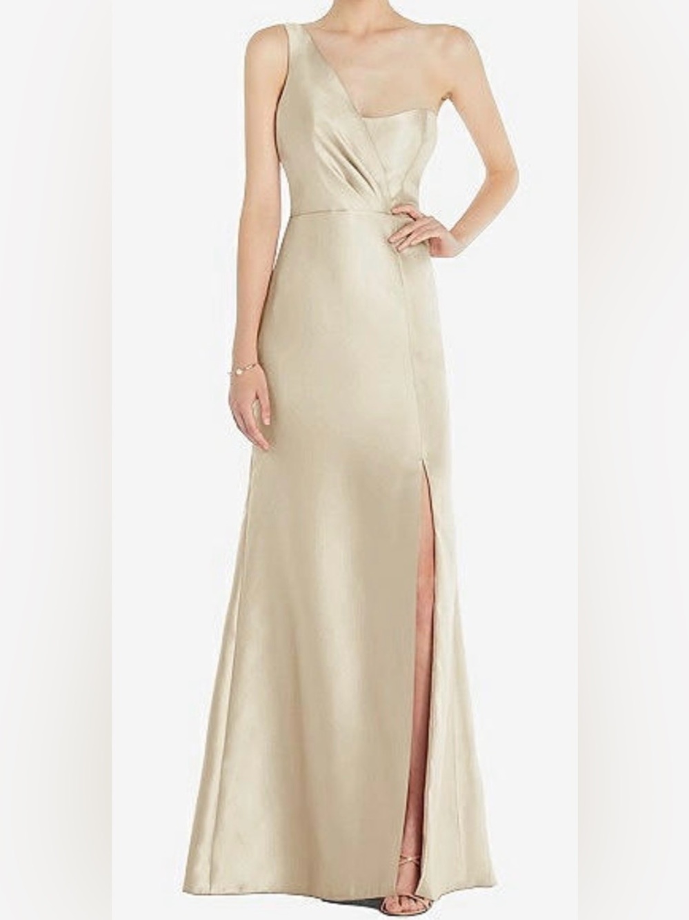 ALFRED SUNG One-Shoulder Satin Gown in Champagne